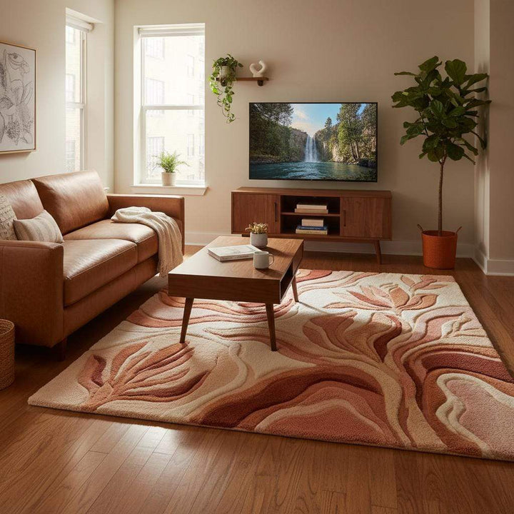 Translation missing: es.Neutral terracotta statement rug styled with plants and minimalist furniture