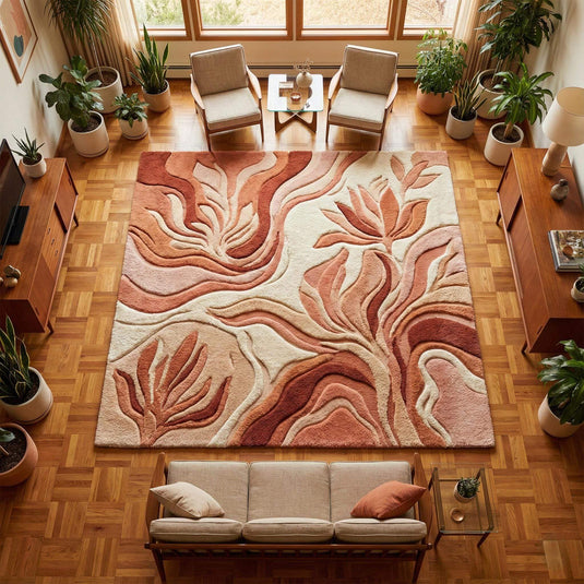 Translation missing: es.Abstract boho rug with organic leaf design and neutral terracotta tones on textured floor