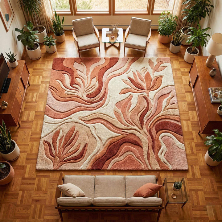 Translation missing: es.Abstract boho rug with organic leaf design and neutral terracotta tones on textured floor
