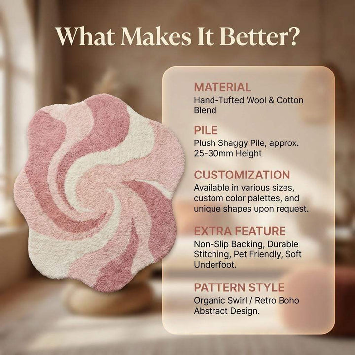 Translation missing: en.Pink abstract rug with irregular shape and wavy swirl pattern in soft plush shag material