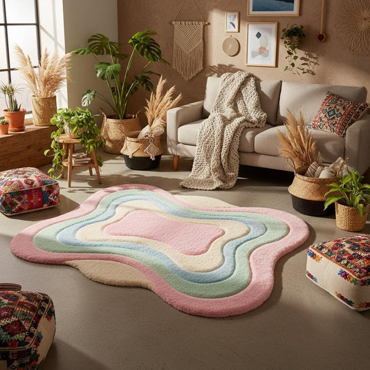 Translation missing: es.Abstract pastel area rug with thick shag texture and wavy edges, ideal for modern nursery, playroom, or aesthetic home decor