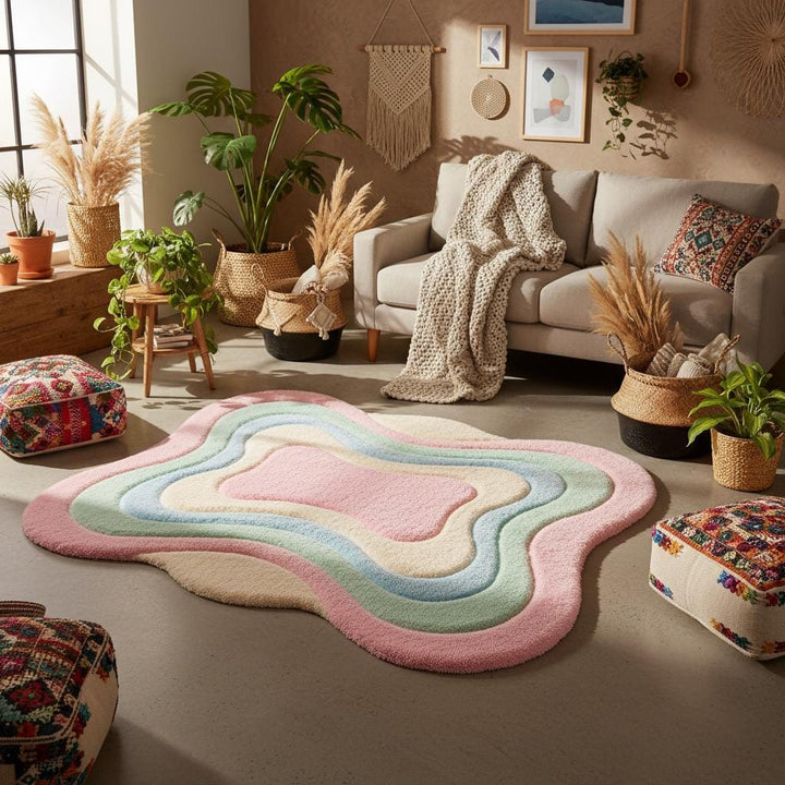 Translation missing: es.Abstract pastel area rug with thick shag texture and wavy edges, ideal for modern nursery, playroom, or aesthetic home decor