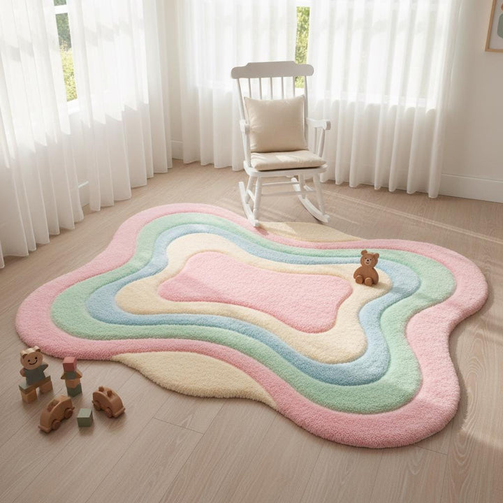 Translation missing: es.Tufted wavy area rug in calming pastel colors, styled as a cozy bedroom or bedside rug with natural wood furniture