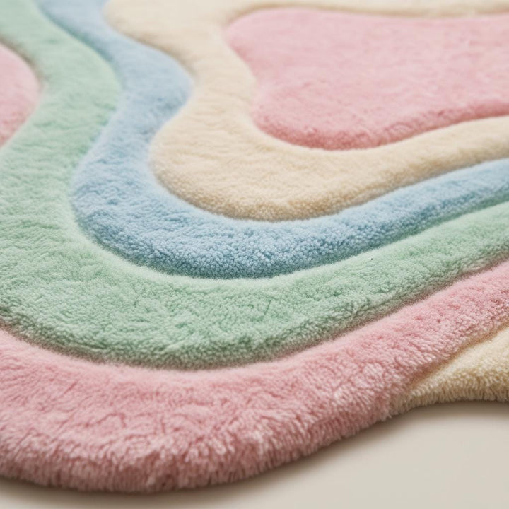 Translation missing: es.Wavy pastel shag rug with soft plush texture and abstract boho design in pink, green, blue, and cream colors