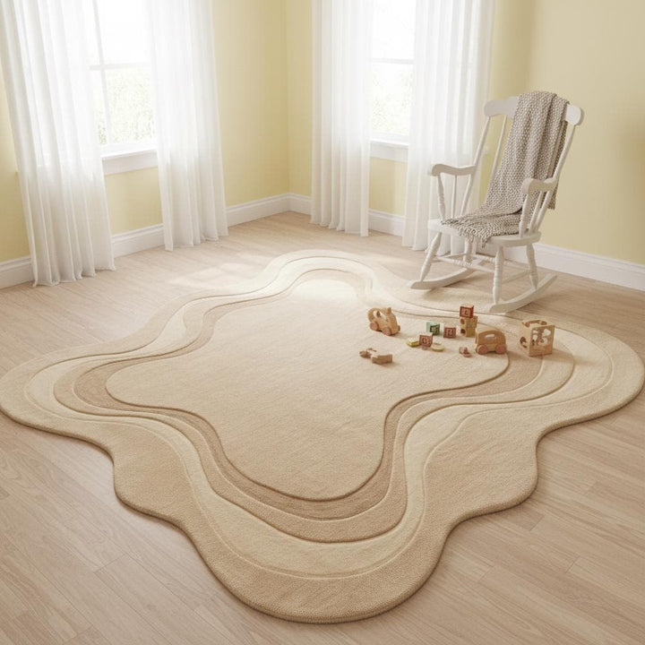 Translation missing: en.Organic irregular shaped hand tufted wool rug in neutral minimalist living room setting