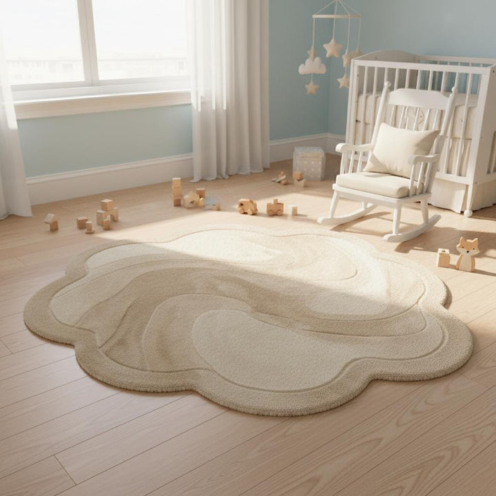 Translation missing: en.Modern organic shape rug styled with mid-century furniture and warm wood flooring