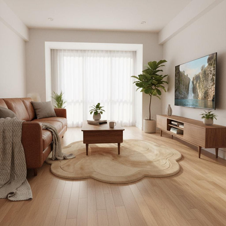 Translation missing: en.Sculptural organic rug with curved edges used as a cozy living room centerpiece