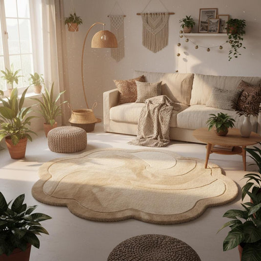 Translation missing: es.Soft cloud area rug in cream tone viewed from above, perfect for modern or Japandi interiors