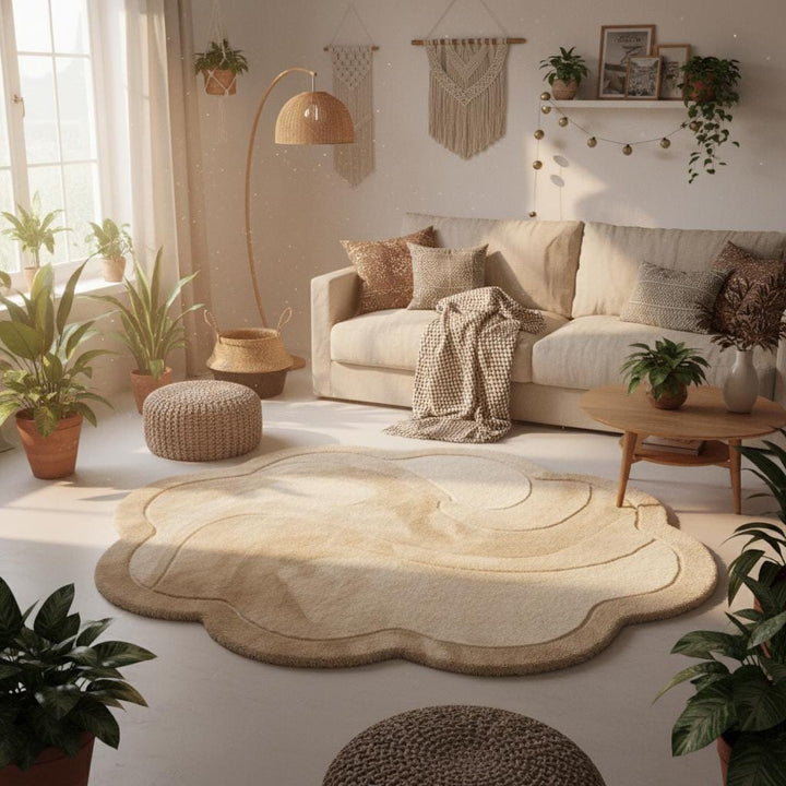 Translation missing: en.Soft cloud area rug in cream tone viewed from above, perfect for modern or Japandi interiors