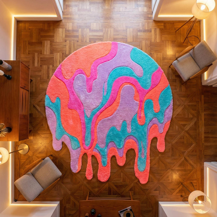 Translation missing: es.Abstract round shag rug with colorful melting drip design and plush texture for modern interiors