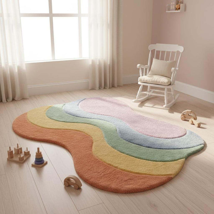 Translation missing: en.Colorful wavy floor rug styled in cozy minimalist living room