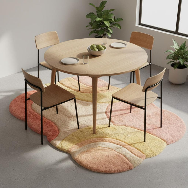 Translation missing: es.Abstract boho area rug with organic shape, plush pastel tufted carpet in peach, blush, cream, and beige tones