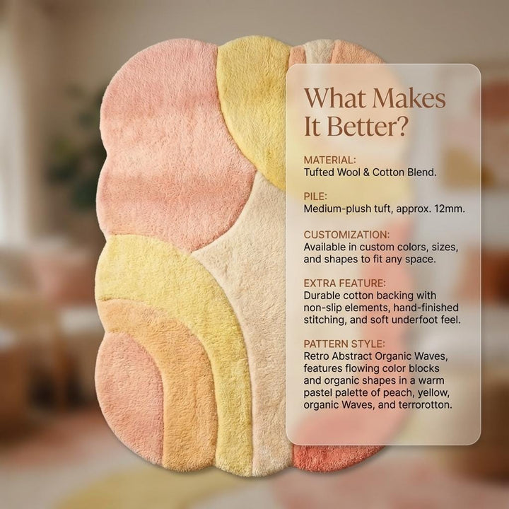 Translation missing: es.Abstract boho area rug with organic shape, plush pastel tufted carpet in peach, blush, cream, and beige tones