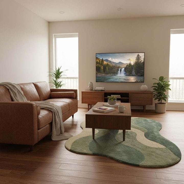 Translation missing: es.Plush sage green modern rug with flowing abstract pattern, perfect for living room or bedroom decor