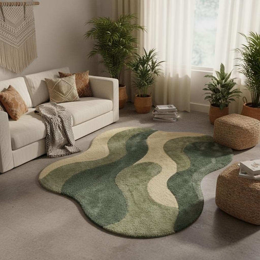 Translation missing: es.Scandinavian style abstract area rug in muted green shades, organic shape statement floor rug