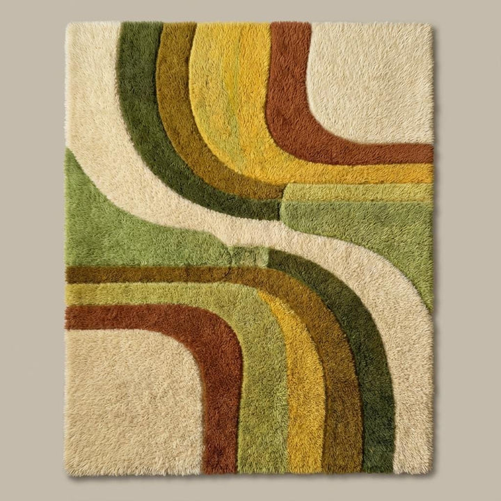 Translation missing: en.Abstract mid century modern rug featuring curved lines in olive green, mustard yellow, burnt orange, and cream tones