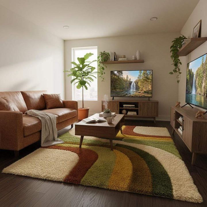 Translation missing: en.Earth tone abstract rug with flowing wavy pattern, soft texture, and artistic boho aesthetic on wood flooring