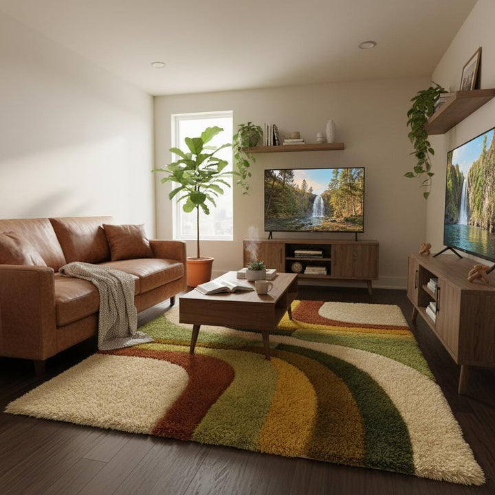 Translation missing: en.Earth tone abstract rug with flowing wavy pattern, soft texture, and artistic boho aesthetic on wood flooring