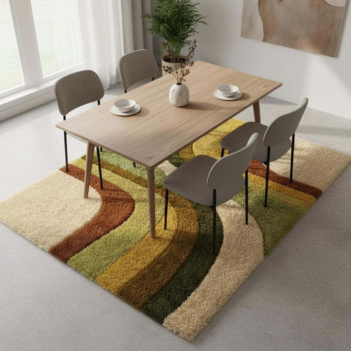 Translation missing: en.Modern boho area rug with mid century curves, cozy shag pile, and warm neutral color palette