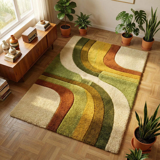 Translation missing: es.Retro boho area rug with plush shag texture and earth tone abstract wavy pattern
