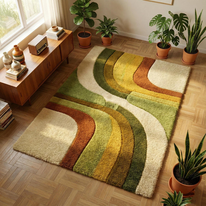 Translation missing: en.Retro boho area rug with soft shag texture and earth tone wavy pattern for modern boho decor