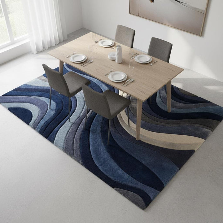Translation missing: en.Mid Century Modern Rug with blue sculpted wave pattern and plush textured surface