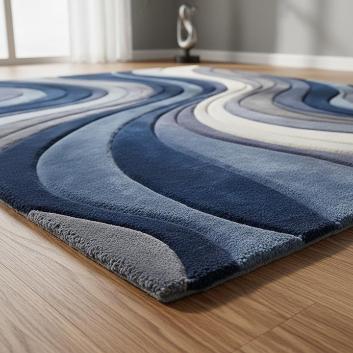 Translation missing: en.Mid Century Modern Rug with blue sculpted wave pattern and plush textured surface