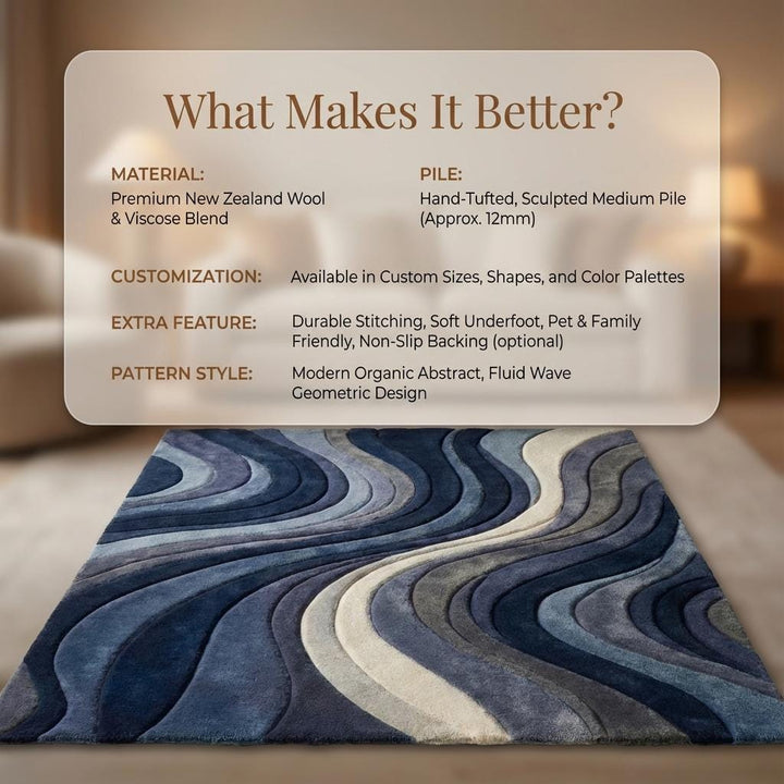 Translation missing: en.Blue Mid Century Modern Rug with sculpted wave pattern and plush texture