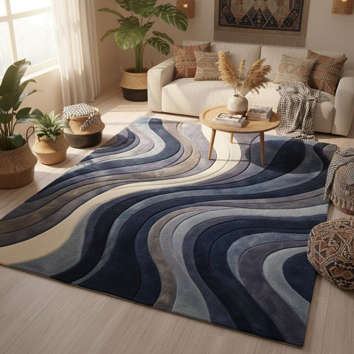 Translation missing: en.Mid Century Modern Rug with plush textured blue wave sculpted pattern in living room setting