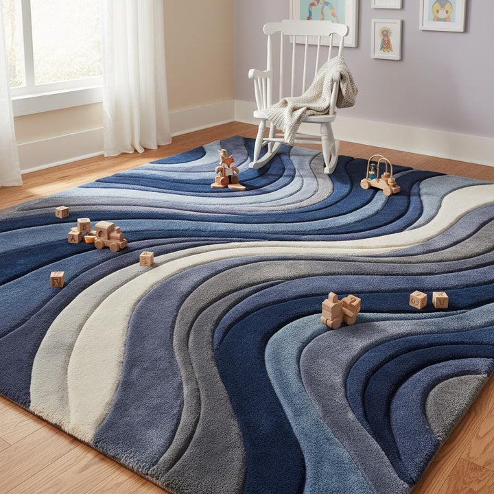 Translation missing: en.Plush textured living room rug with modern wave design in navy, slate blue, and gray