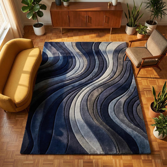 Translation missing: en.Plush blue Mid Century Modern Rug with sculpted wave pattern and textured tufted design
