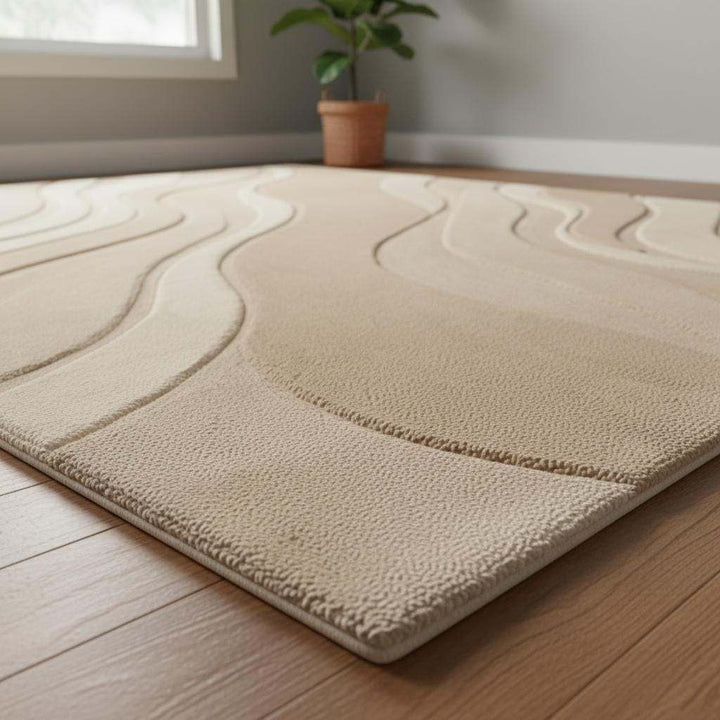 Translation missing: es.Textured modern rug in neutral tones, styled with mid-century chair and natural plants for a calm aesthetic