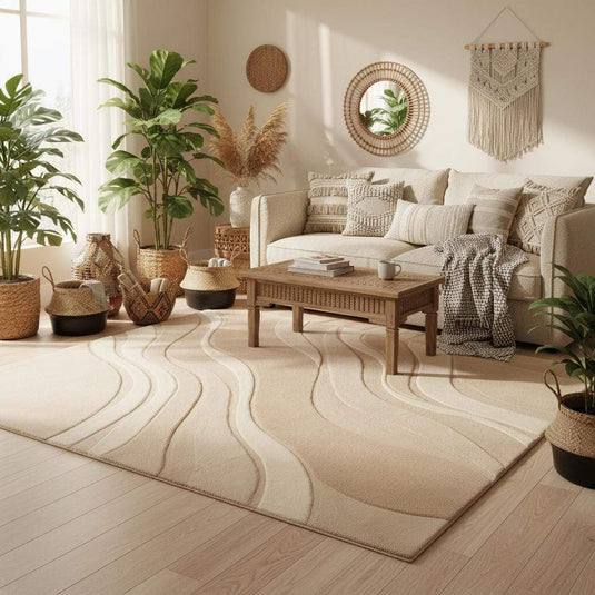 Translation missing: es.Soft neutral area rug with carved wave texture placed in a bright living room with natural wood flooring