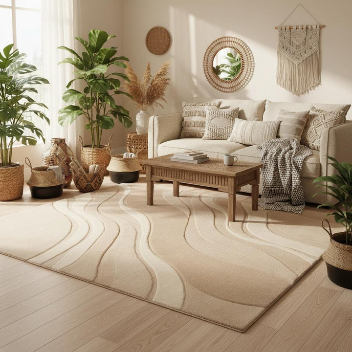 Translation missing: en.Soft neutral area rug with carved wave texture placed in a bright living room with natural wood flooring