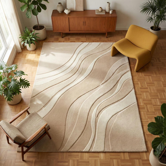 Translation missing: es.Modern neutral area rug with plush beige pile and carved wave texture for minimalist and Scandinavian decor