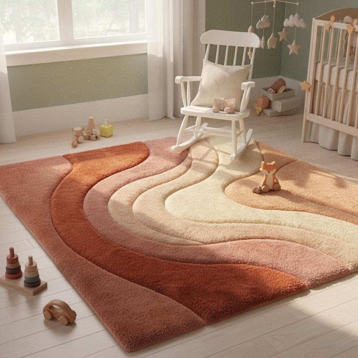 Translation missing: es.Mid century modern rug with sculpted texture and organic shapes styled with neutral furniture