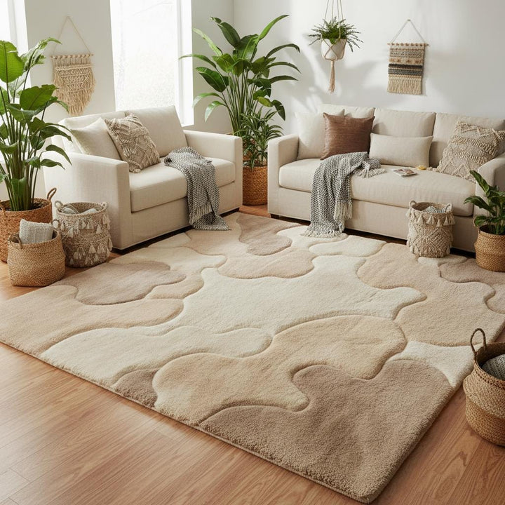 Translation missing: en.Plush beige abstract rug with cloud-like pattern placed in a modern living room with wood floors