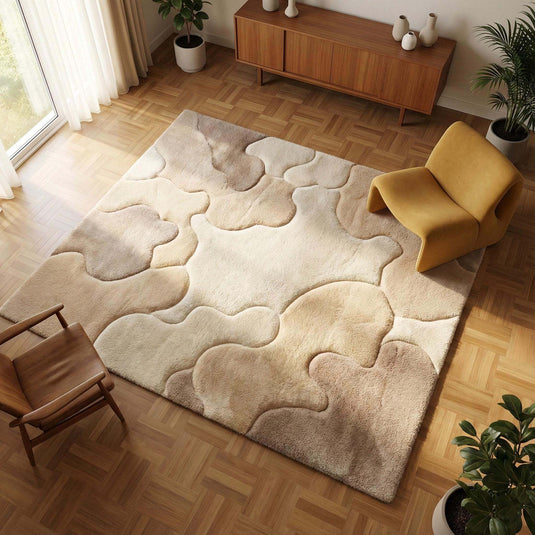 Translation missing: es.Organic area rug with plush high pile and sculpted beige pattern for Scandinavian Japandi living room decor
