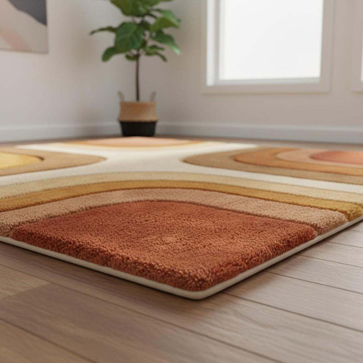 Translation missing: en.Mid century modern rug with retro geometric pattern in earth tones, hand tufted plush shag carpet for living room