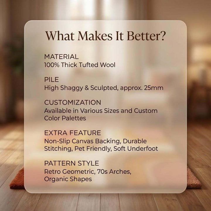 Translation missing: en.Mid century modern rug with retro geometric pattern in warm earth tones, plush shag texture, and durable tufted pile for cozy living spaces