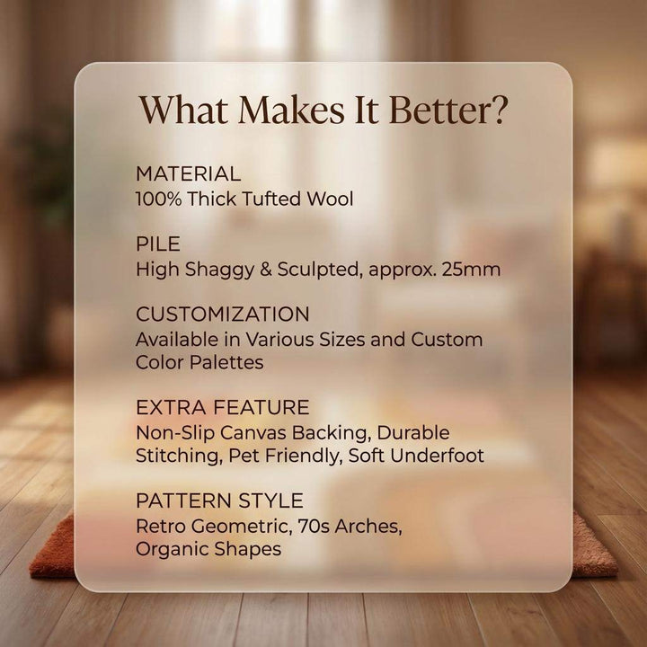 Translation missing: en.Mid century modern rug with retro geometric pattern in earth tones and plush shag texture for cozy boho decor