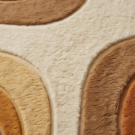 Translation missing: en.Close-up of tufted shag rug showing plush texture, layered pile height, and curved geometric design in rust, beige, mustard, and brown tones