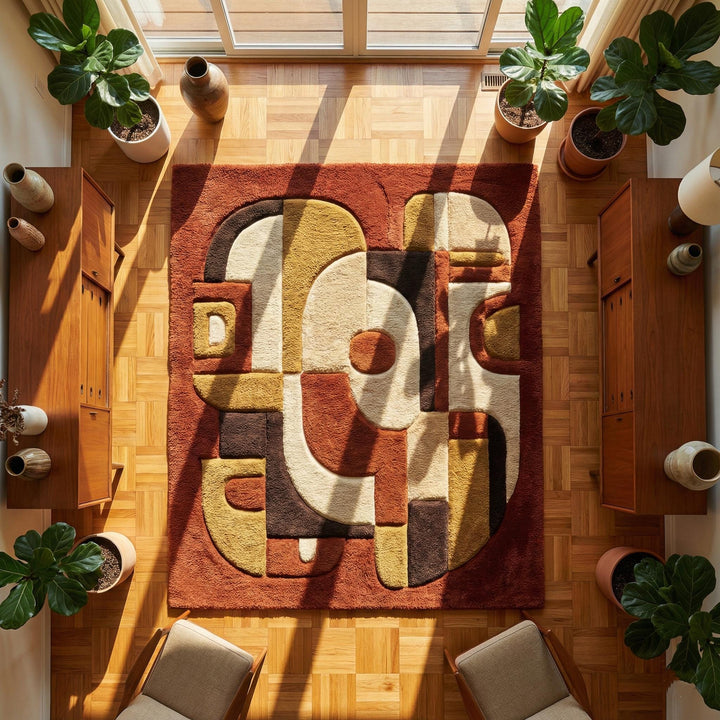 Translation missing: en.Mid century modern rug with abstract geometric earth tone design and plush textured surface