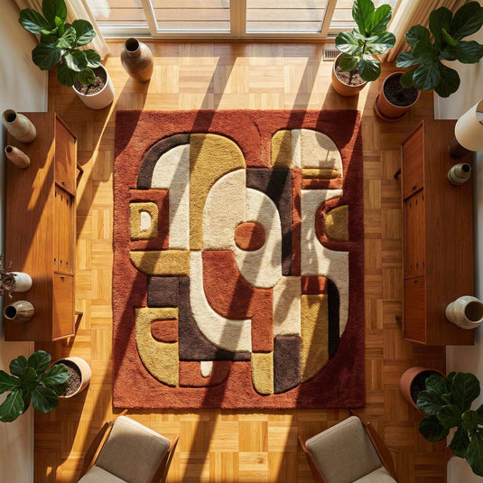 Translation missing: en.Mid century modern rug with abstract earth tone geometric pattern and plush texture