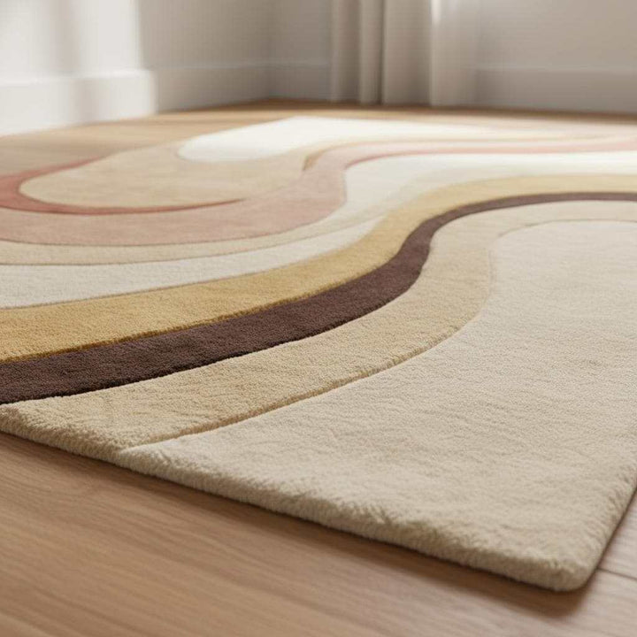 Translation missing: es.Abstract boho rug with plush soft pile and organic curved design in warm earth tones for cozy mid century home decor