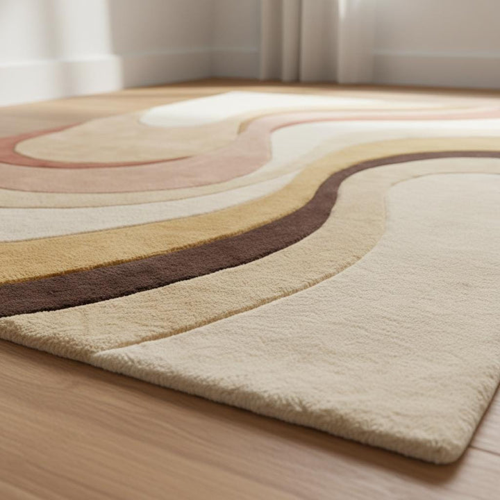 Translation missing: es.Abstract boho rug with earth tone colors and organic curve design for modern living rooms