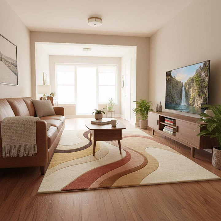 Translation missing: es.Edge and corner detail of abstract floor rug showing clean finish, smooth borders, color transitions, and proportional design for modern interiors
