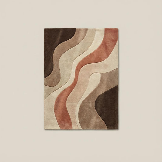 Translation missing: es.Top-down view of abstract wave pattern rug displaying full design layout, organic curved lines, neutral color palette, and modern minimalist carpet styling