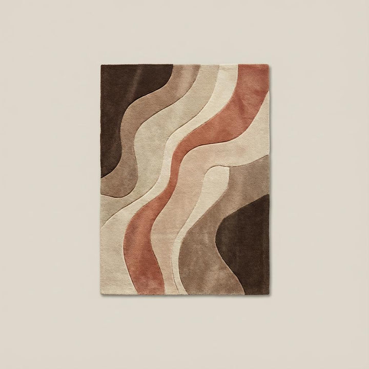Translation missing: es.Top-down view of abstract wave pattern rug displaying full design layout, organic curved lines, neutral color palette, and modern minimalist carpet styling