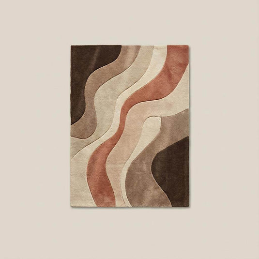 Translation missing: en.Top-down view of abstract wave pattern rug displaying full design layout, organic curved lines, neutral color palette, and modern minimalist carpet styling